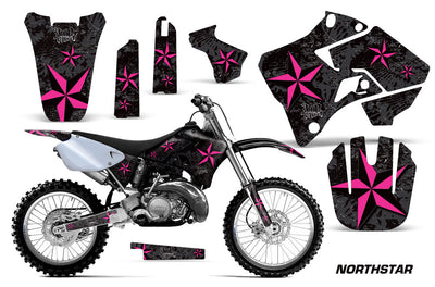 Motorcycle graphics kit for a Yamaha motocross bike, black base with pink star accents