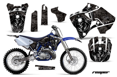 Motorcycle graphics kit for a Yamaha motocross bike, black base with silver skull artwork