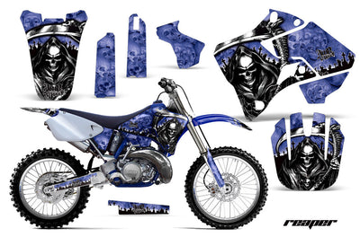 Motorcycle graphics kit for a Yamaha motocross bike, blue skull-themed graphics set
