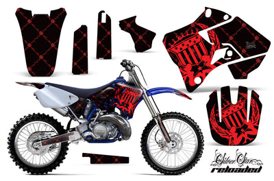 Yamaha dirt bike graphics kit with black and red flame graphics and decals