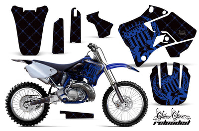 Navy blue motorcycle graphics kit with geometric pattern, side panels, fork guards, front number plate