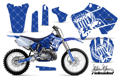 Motorcycle graphics kit with royal-blue geometric pattern and white stars on fender and panels