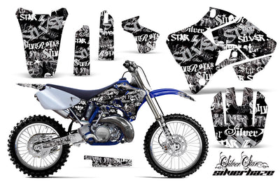 Black motorcycle graphics kit with white text pattern, side panels, fork guards, front number plate