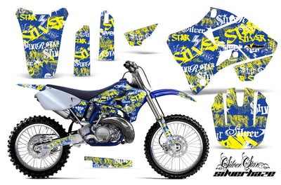 Motorcycle graphics kit for Yamaha YZ 250 with blue and yellow star patterns, full set