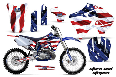 Yamaha dirt bike graphics kit with red, white, and blue stars and stripes panels