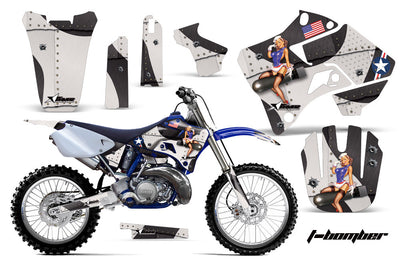 Motorcycle graphics kit for a Yamaha motocross bike, white base with blue rider art