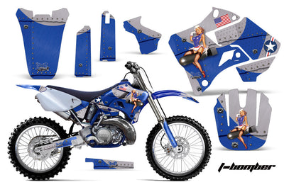 Motorcycle graphics kit with blue star panels and pin-up rider graphics, full set