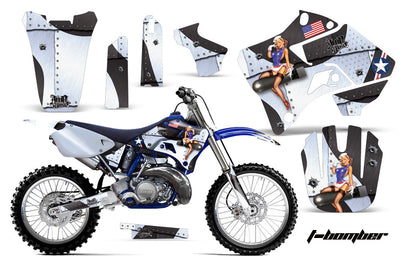 White and black motorcycle graphics kit with stars and character artwork for Yamaha YZ 250