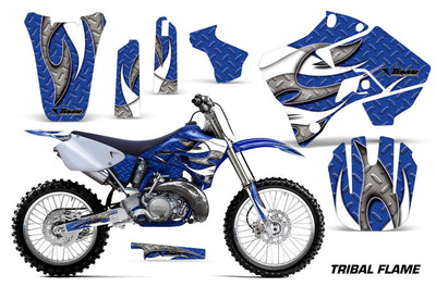 Motorcycle graphics kit for dirt bike with blue tribal flame and swoosh graphics set