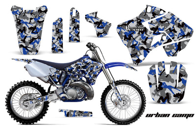 Motorcycle graphics kit with gray and blue camo panels, includes seat and side panels