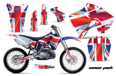 Motorcycle graphics kit for a Yamaha motocross bike, red white blue union-style livery