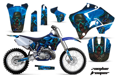 Yamaha YZ 125 decal graphics kit with blue skull and flame-style panels