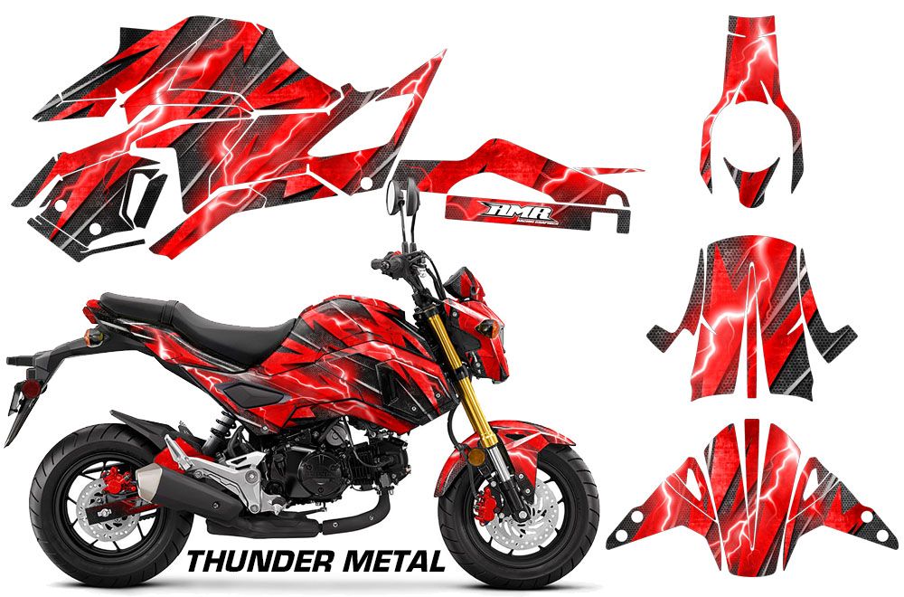Red Metal Thunder Design installed on a Honda Grom 125 Graphics Kit (2017–2020)