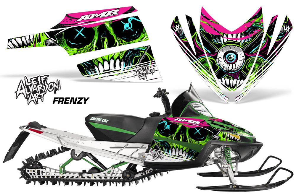 Snowmobile graphics kit with green, pink and black monster-face decals for Arctic Cat M Series, 2007–2011