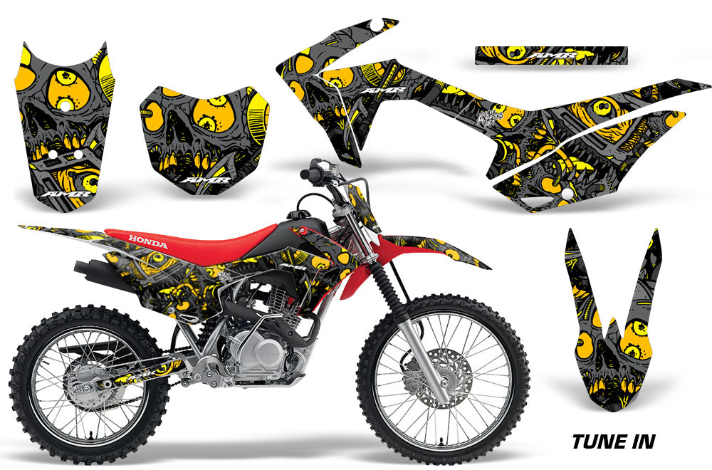 2014-2018 Honda CRF 125F Motocross Graphics Kit – Tune In Yellow Design Vinyl Decals