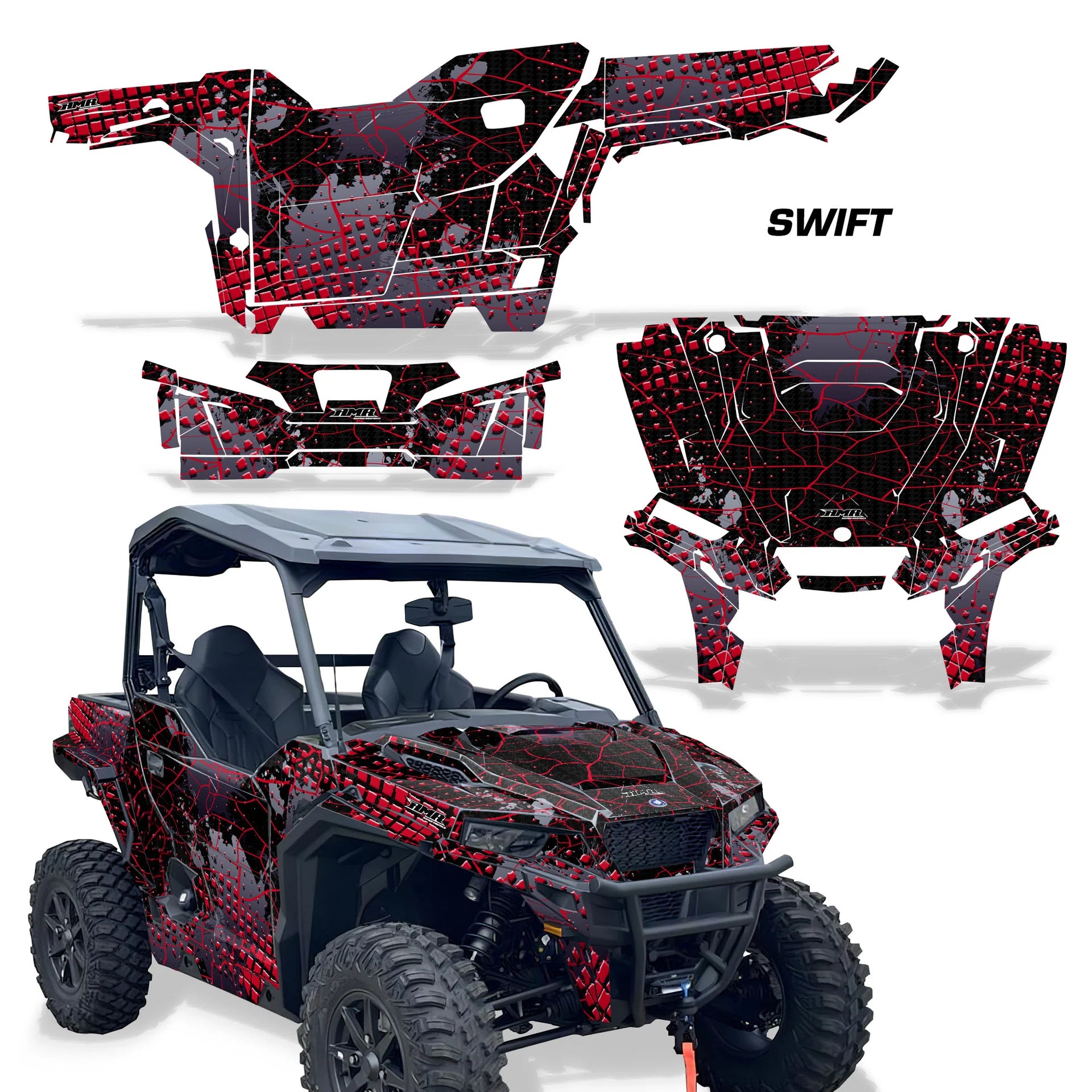 UTV decal kit: Swift pattern with red-and-black graphics for side panels and hood