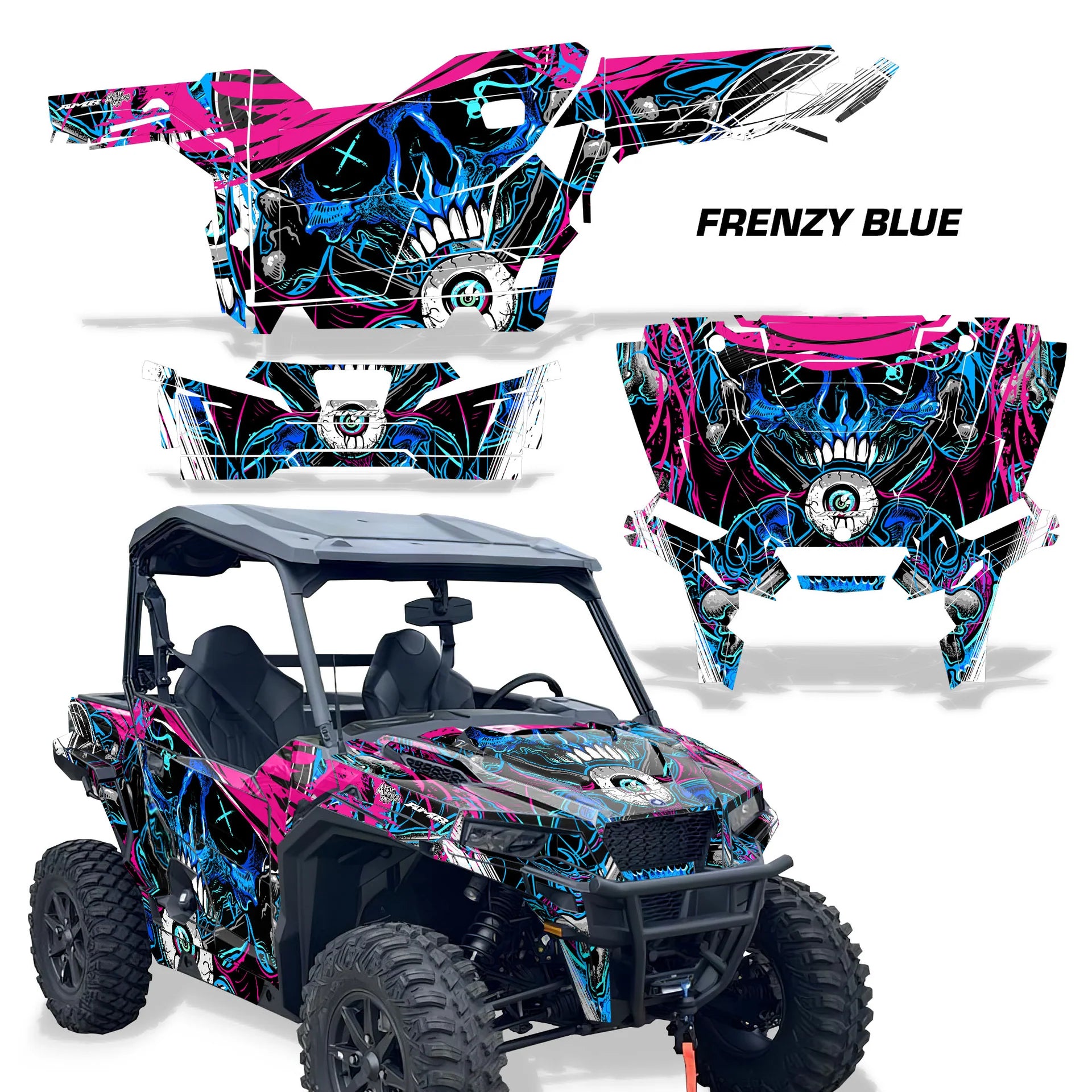 Polaris General graphics kit with pink and blue FRENZY BLUE skull pattern