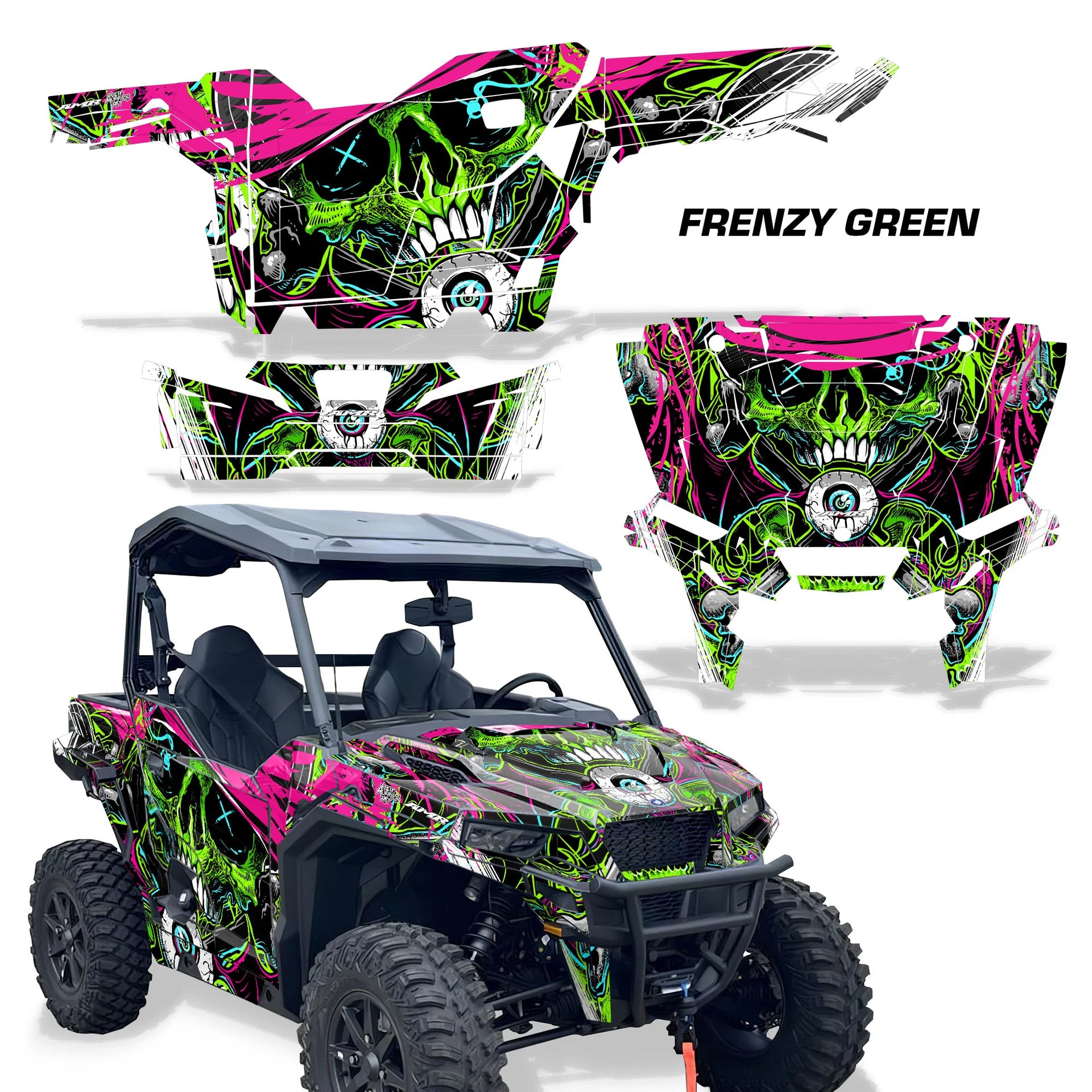 UTV decal kit: Frenzy Green pattern with green-and-black skull graphics for side panels