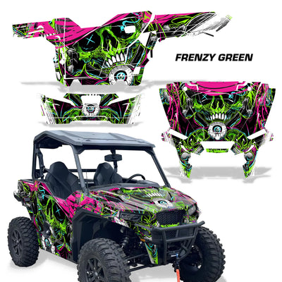 UTV decal kit: Frenzy Green pattern with green-and-black skull graphics for side panels