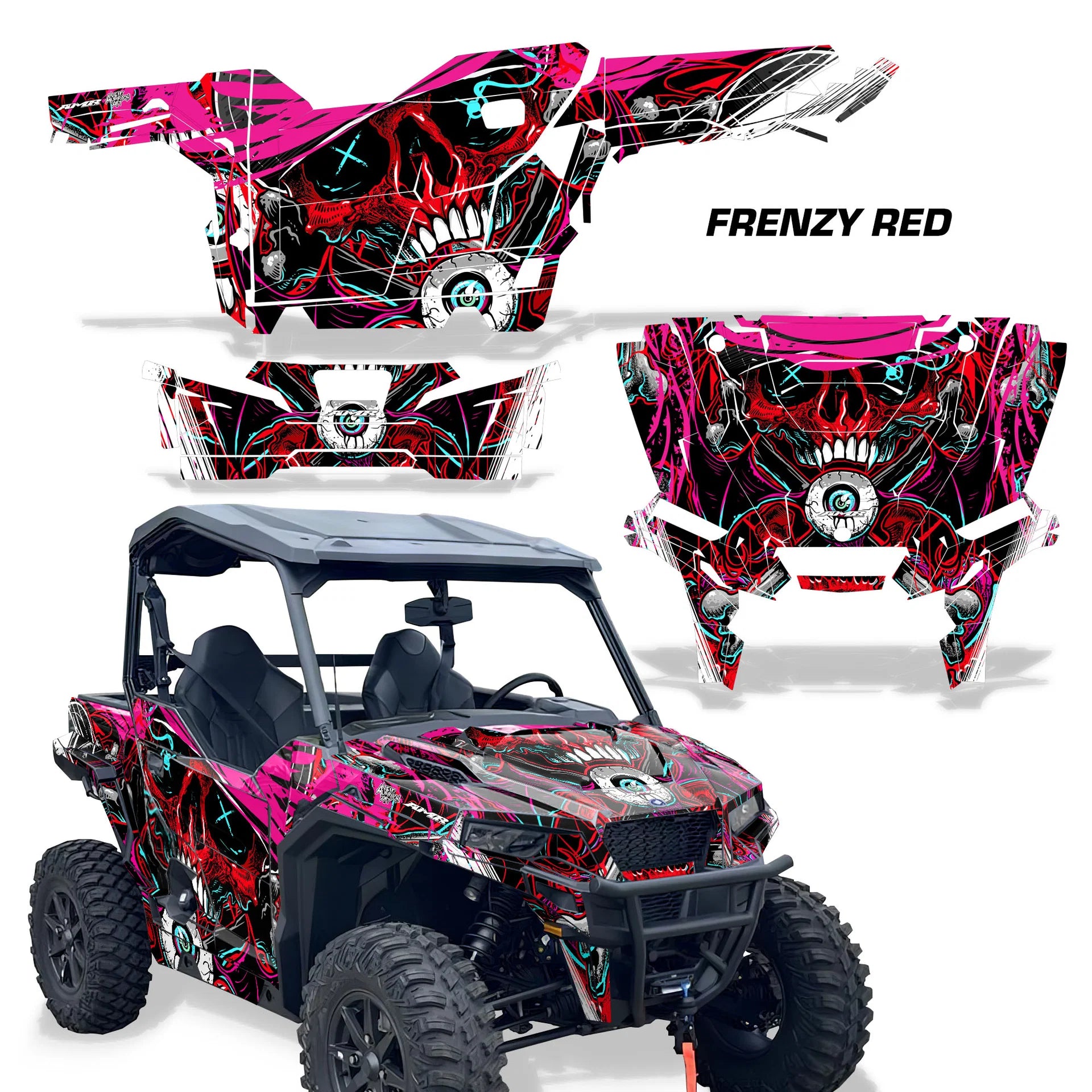 UTV decal kit: Frenzy Red pattern with red-and-black skull graphics for side panels