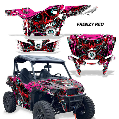 UTV decal kit: Frenzy Red pattern with red-and-black skull graphics for side panels