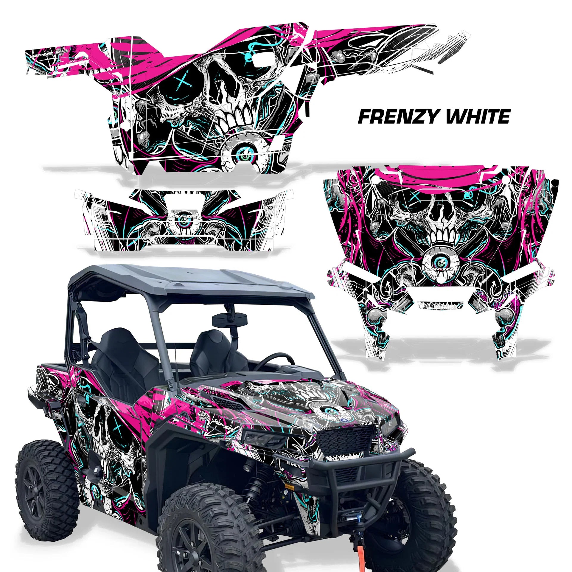 UTV decal kit: Frenzy White pattern with pink-and-black skull graphics for side panels