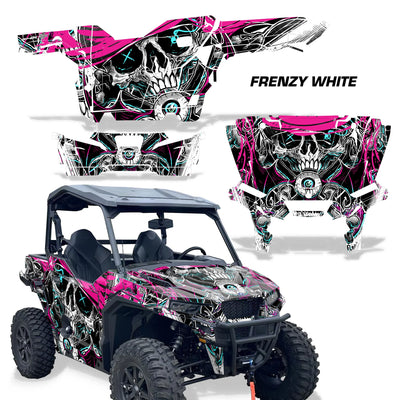 UTV decal kit: Frenzy White pattern with pink-and-black skull graphics for side panels