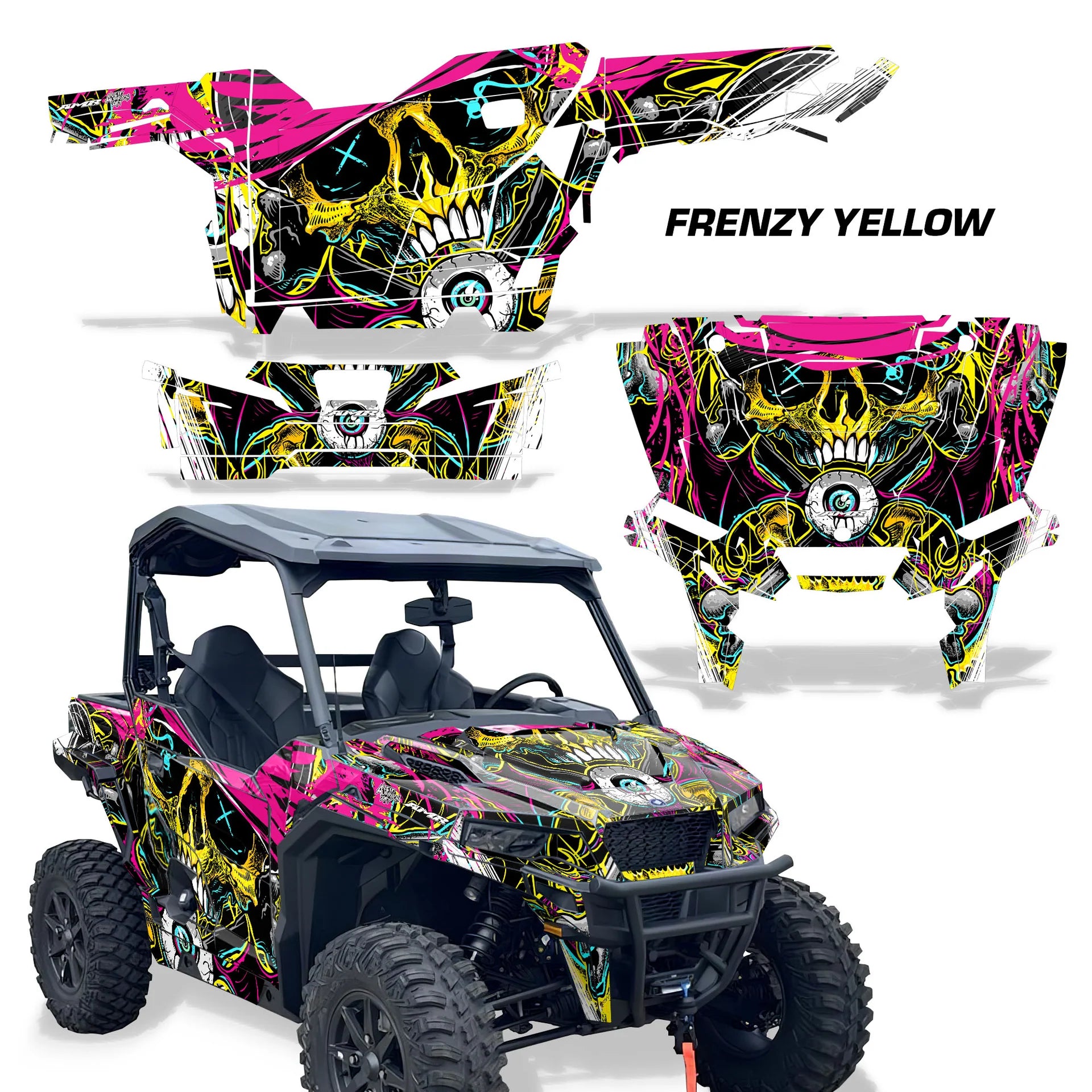 UTV decal kit: Frenzy Yellow pattern with neon yellow graphics for side panels and hood