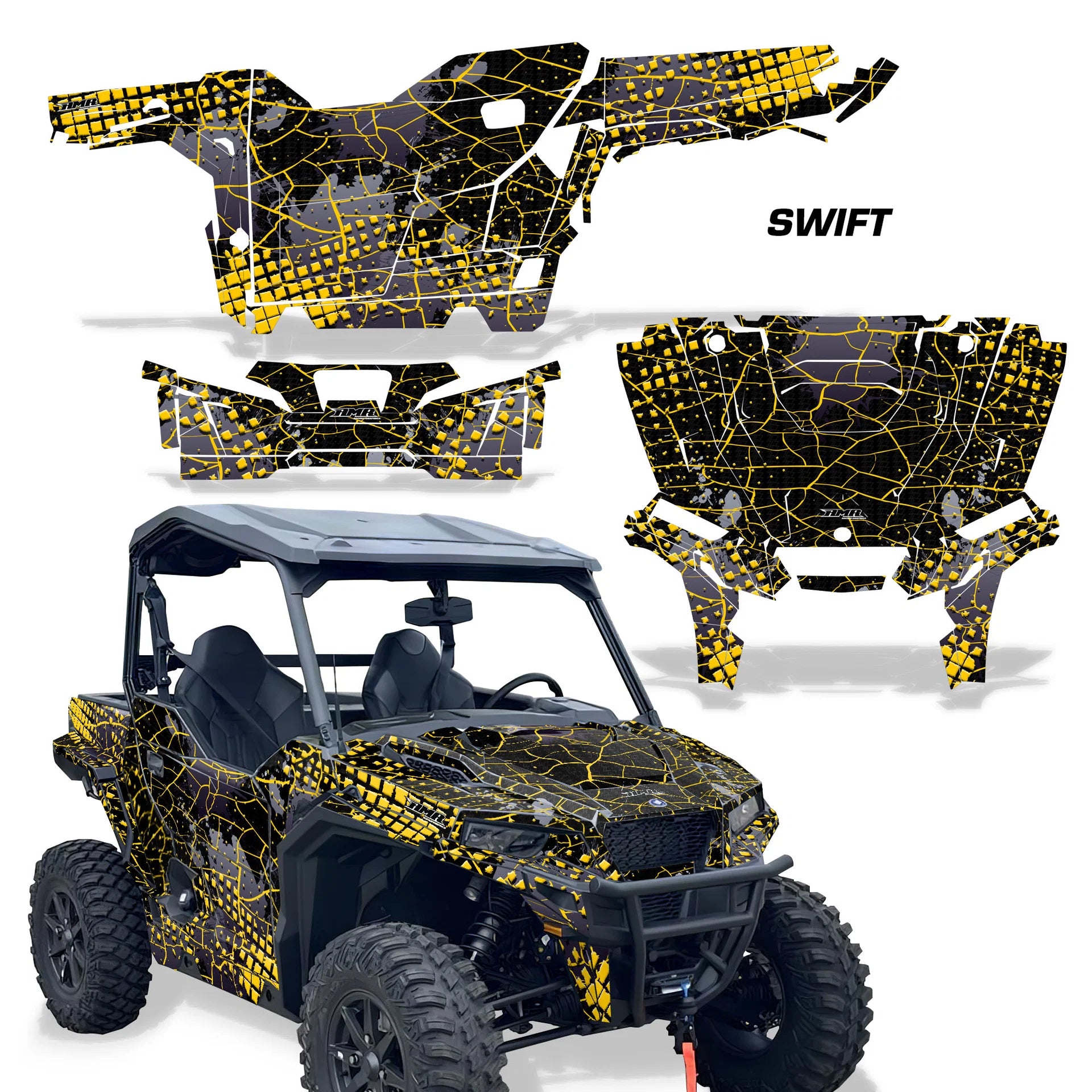 UTV decal kit: Swift pattern with yellow-and-black graphics for side panels and hood