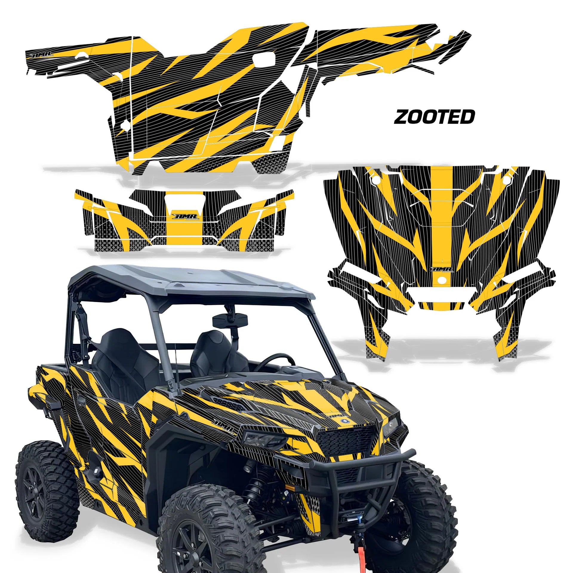 UTV decal kit: Zooted pattern with yellow-and-black graphics for side panels and hood