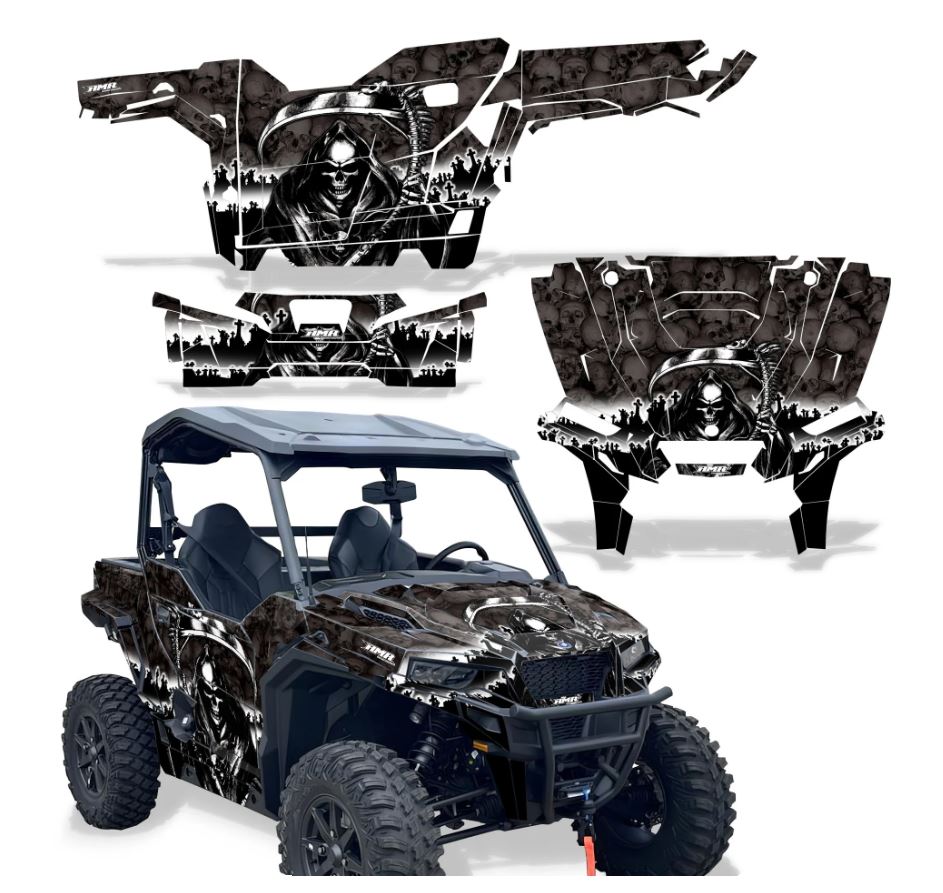 UTV decal kit with black-and-white skull graphics for side panels and hood