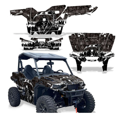 UTV decal kit with black-and-white skull graphics for side panels and hood