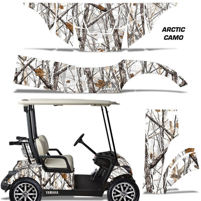 Golf cart wrap decal kit in Arctic Camo camouflage pattern, shown applied to a two-seater Yamaha Drive G29 golf cart and as separate panel graphics on a white background.