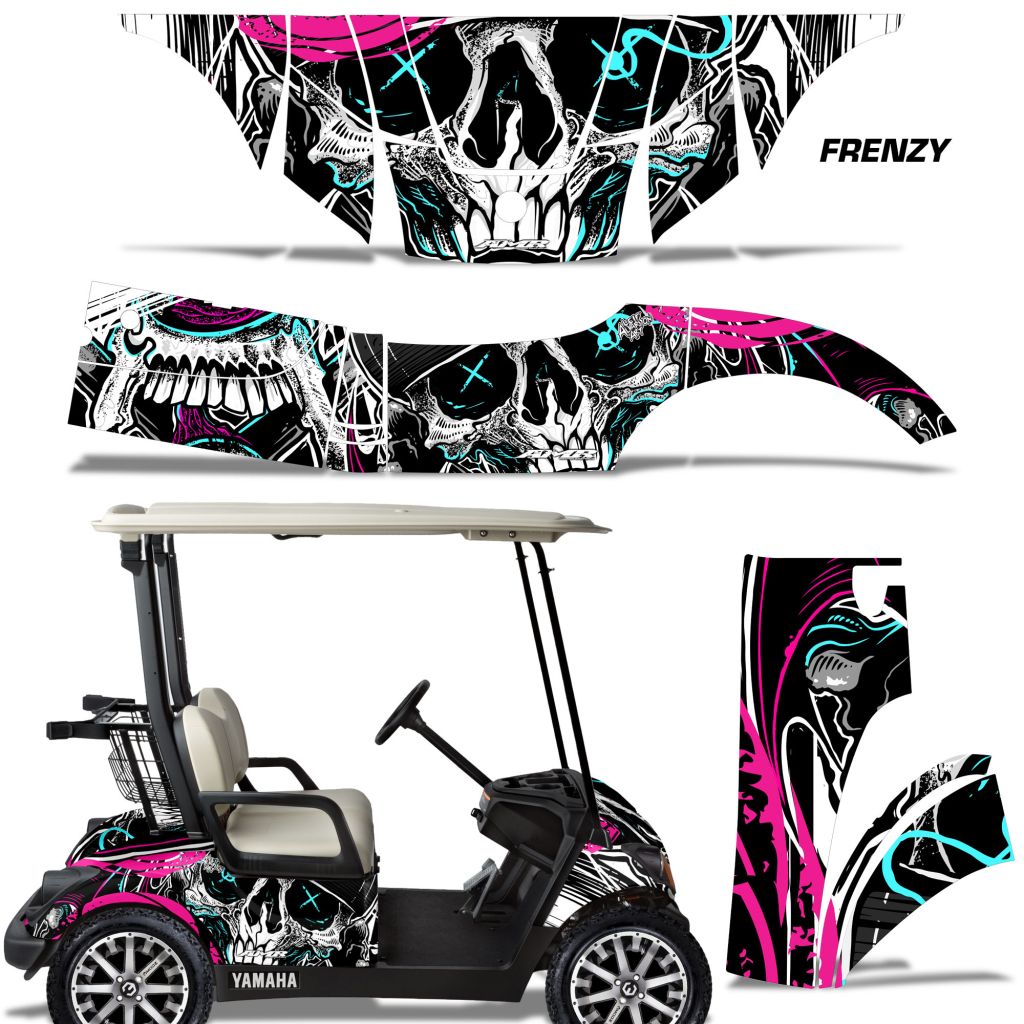 A golf cart wrap decal kit shown both applied to a black, teal, pink, and white Yamaha Drive golf cart and as separate panel graphics. The design features a large white skull with black shading and neon pink and cyan accents on a black background. Very head turning.