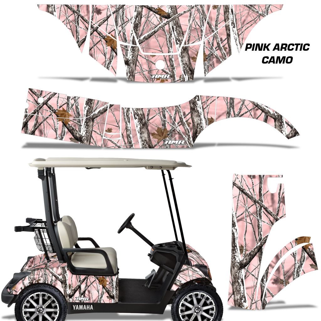 Pink Arctic Camo vinyl decal kit for a Yamaha Drive G29 golf cart, showing the full wrap design, individual panel pieces, and a side view of the golf cart with the decals applied.