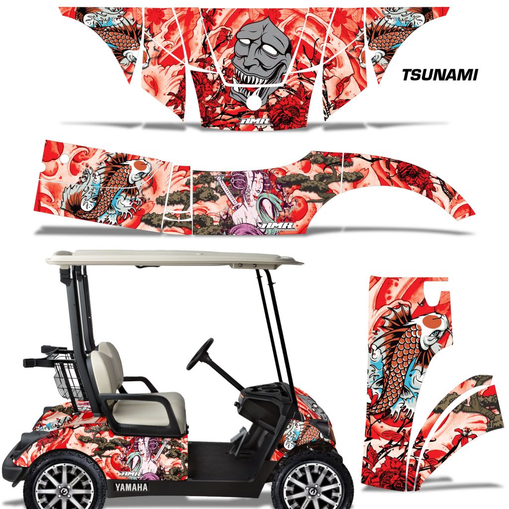 Tsunami golf cart wrap decal kit shown both applied to a golf cart and as separate panel graphics. The design features a red and white Japanese-style background with a large gray skull, black and red dragon motifs, and anime-style characters, along with Koi Fish.
