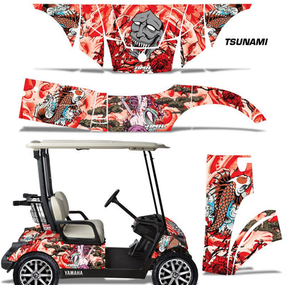 Tsunami golf cart wrap decal kit shown both applied to a golf cart and as separate panel graphics. The design features a red and white Japanese-style background with a large gray skull, black and red dragon motifs, and anime-style characters, along with Koi Fish.