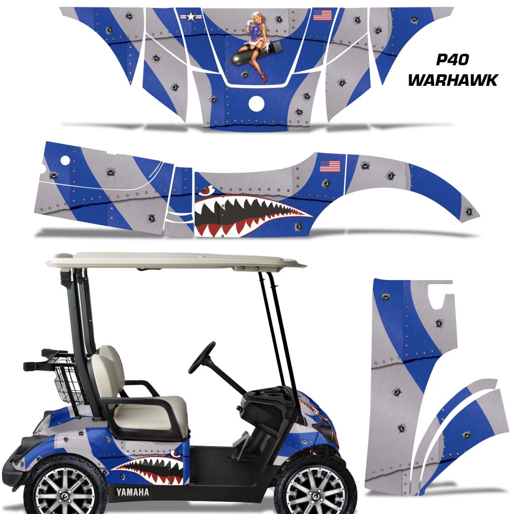 A set of custom vinyl graphics decals for a Yamaha Drive G29 golf cart, shown both as individual pieces and applied to a cart. The design features a blue and gray riveted metal plane pattern with a shark mouth graphic and a small fighter pilot illustration.