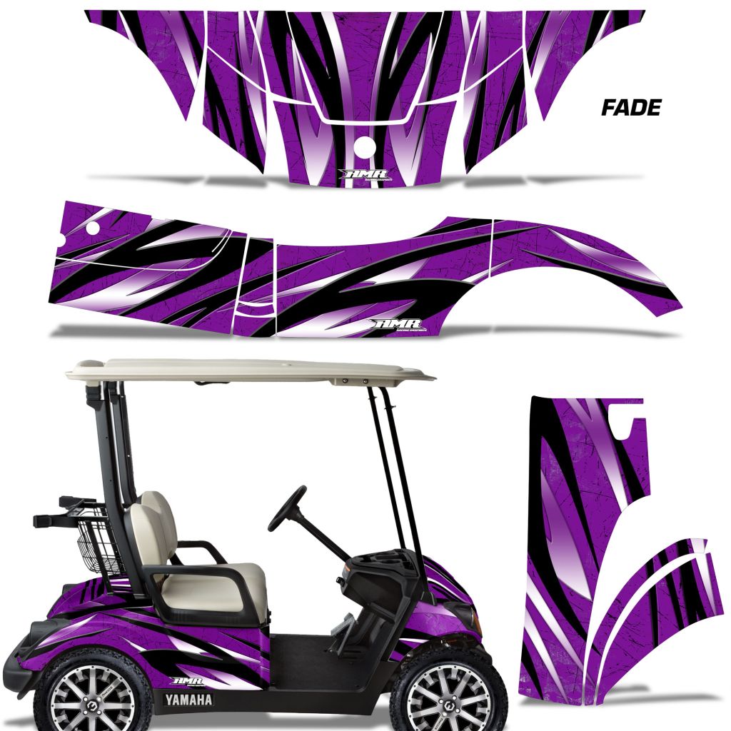Purple and black Fade design graphic decal kit for a Yamaha Drive G29 golf cart, shown both applied to a cart on a white background.