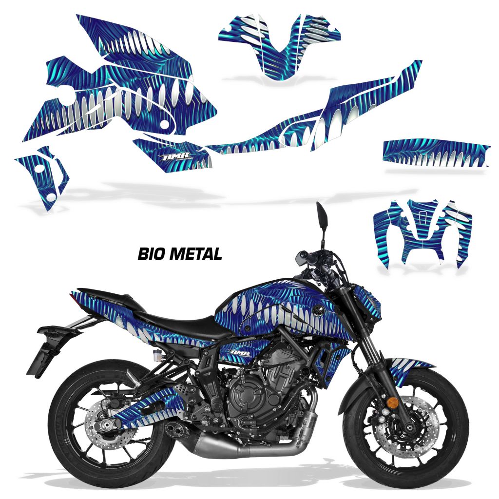 Yamaha MT07 2021-2024 graphic kit in blue Bio Metal theme for fairings and tank
