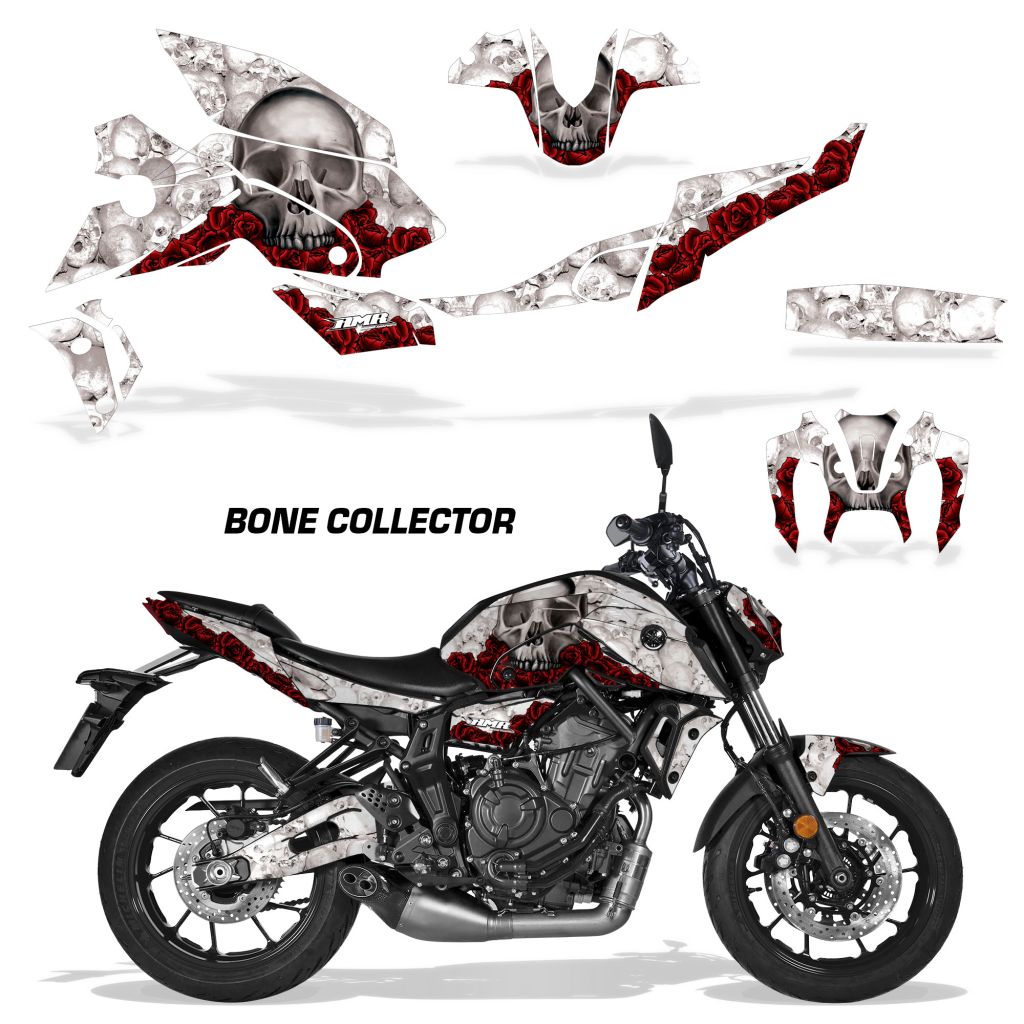 Yamaha MT07 2021-2024 graphic kit in white with red Bone Collector accents for fairings