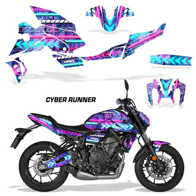 Yamaha MT07 2021-2024 graphic kit in purple and blue Cyber Runner theme for fairings