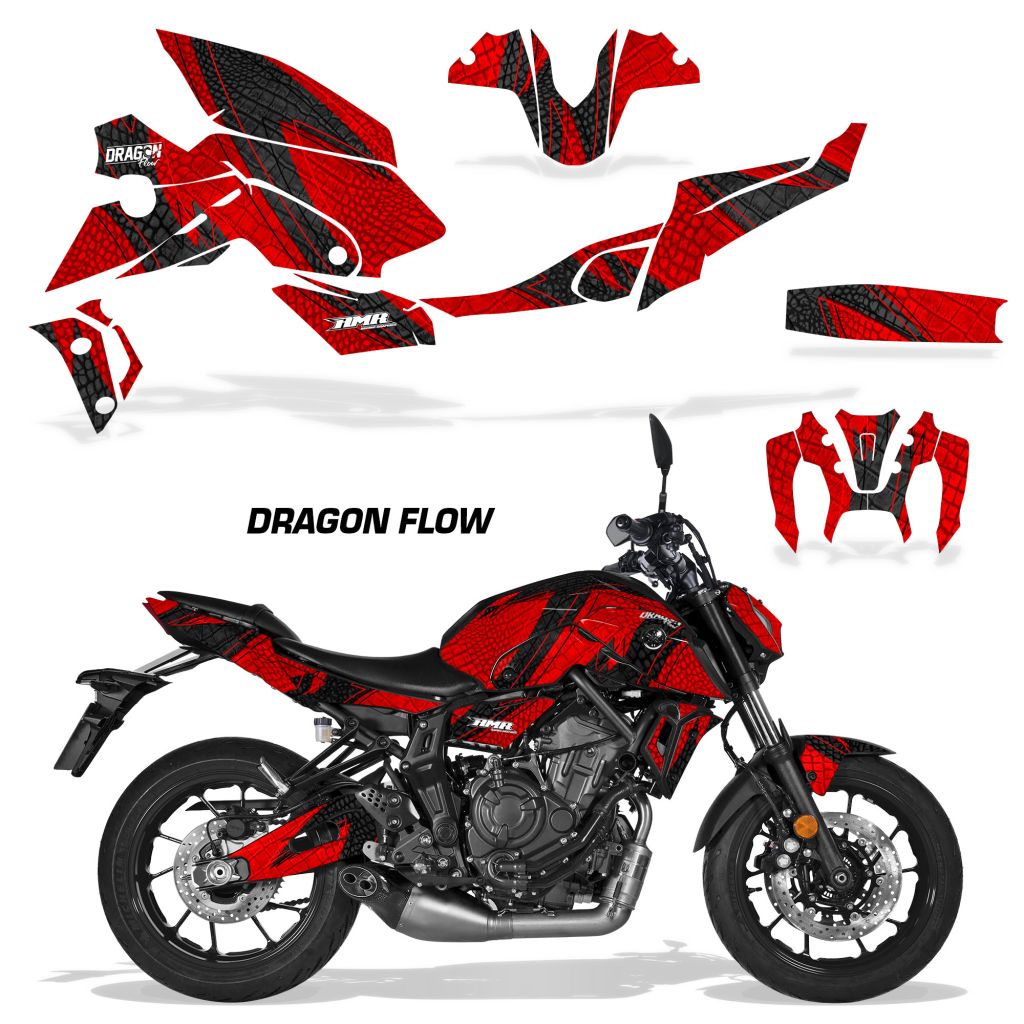 Yamaha MT07 2021-2024 graphic kit in red Dragon Flow theme for fairings and tank
