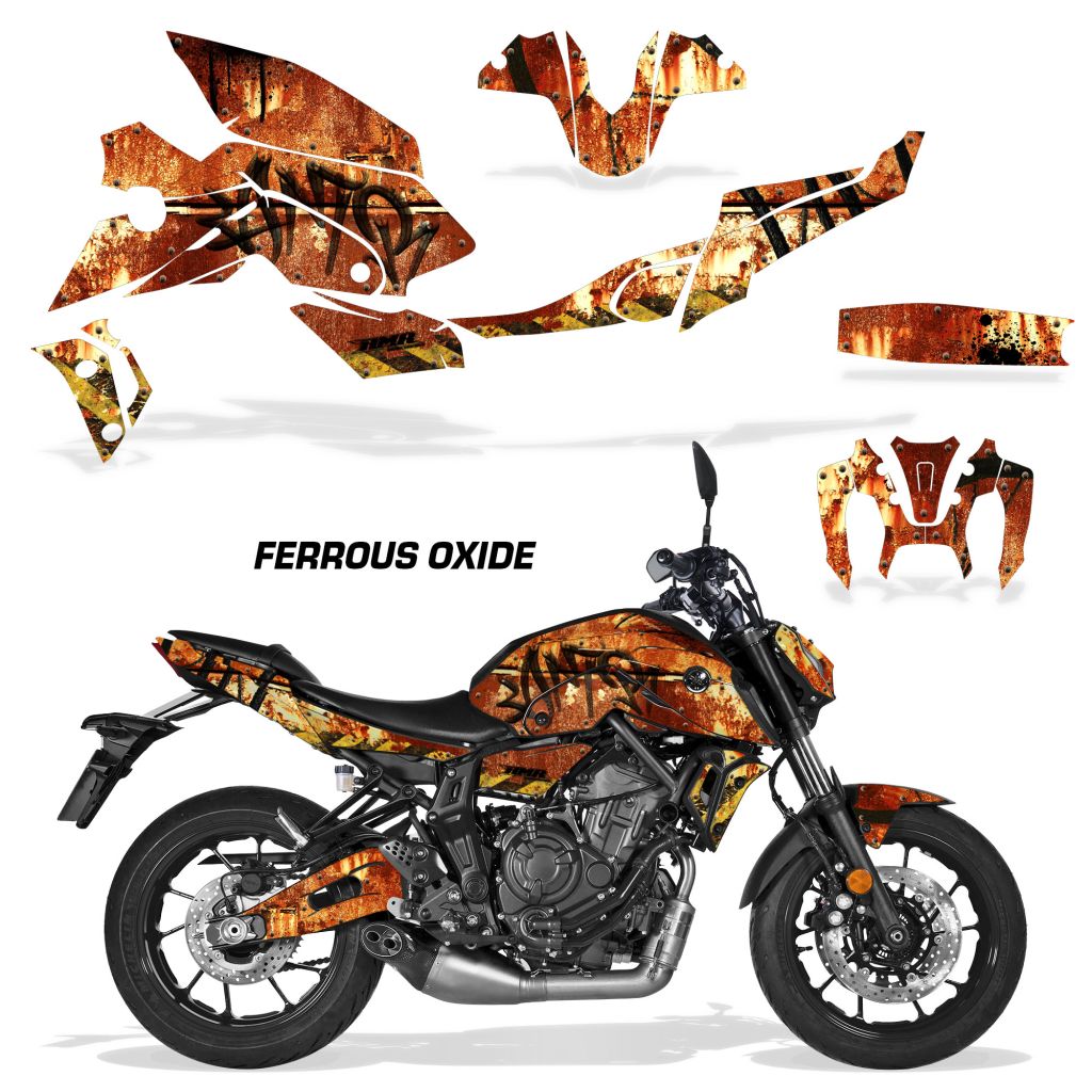 Motorcycle fairing graphics kit, rust brown FERROUS OXIDE design for MT-07
