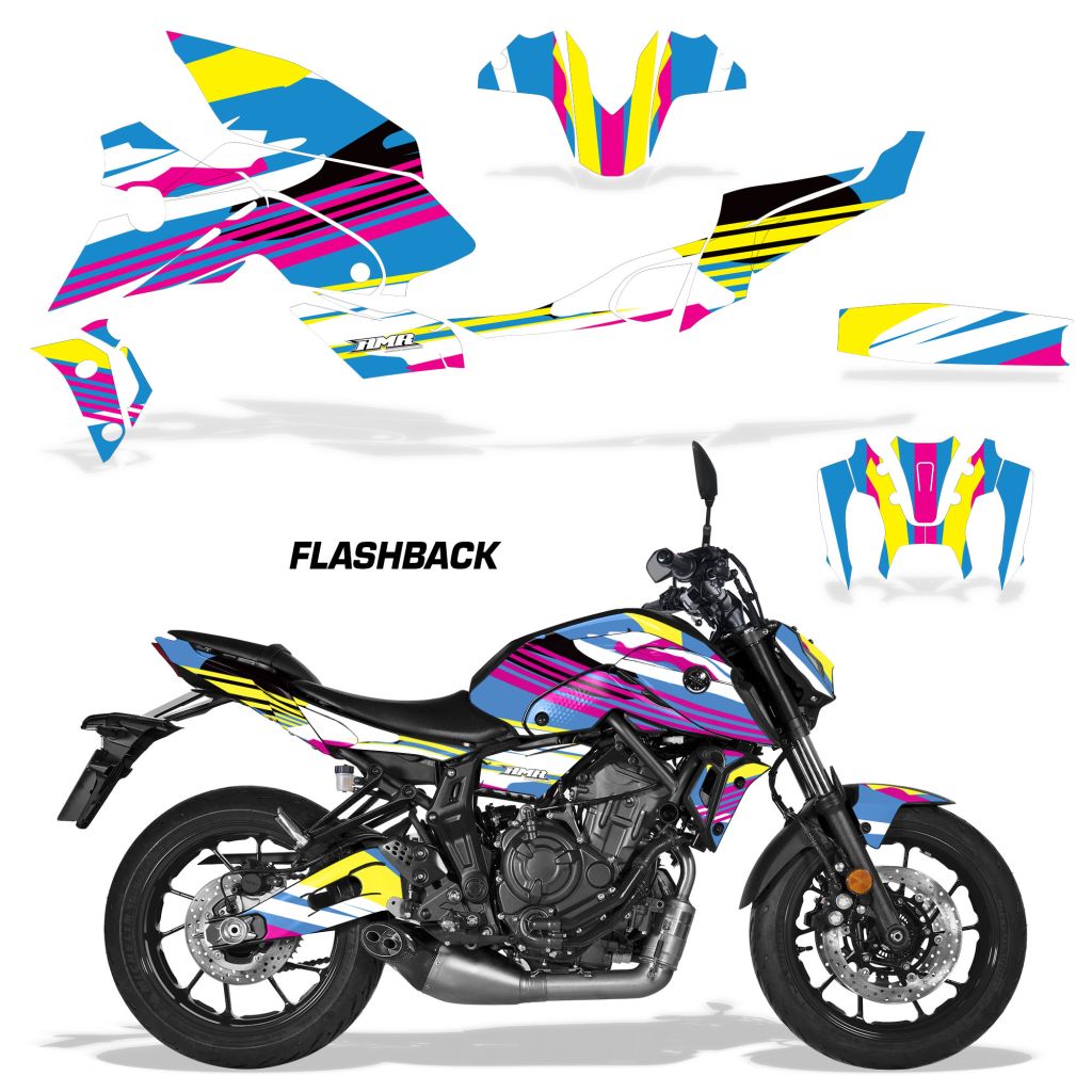 Motorcycle fairing graphics kit, blue and pink FLASHBACK design for MT-07