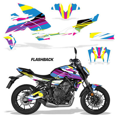 Motorcycle fairing graphics kit, blue and pink FLASHBACK design for MT-07