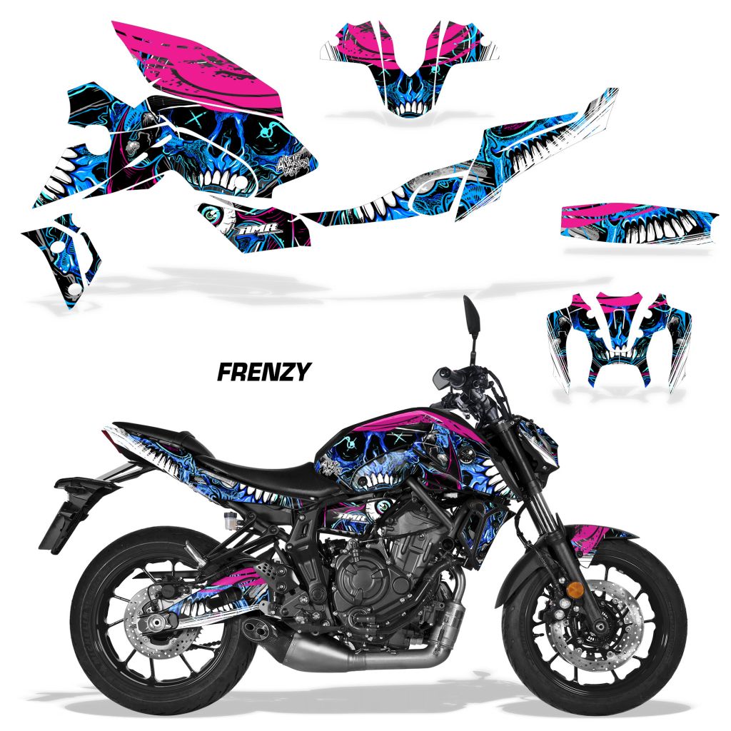 Motorcycle fairing graphics kit, blue and magenta FRENZY design for MT-07