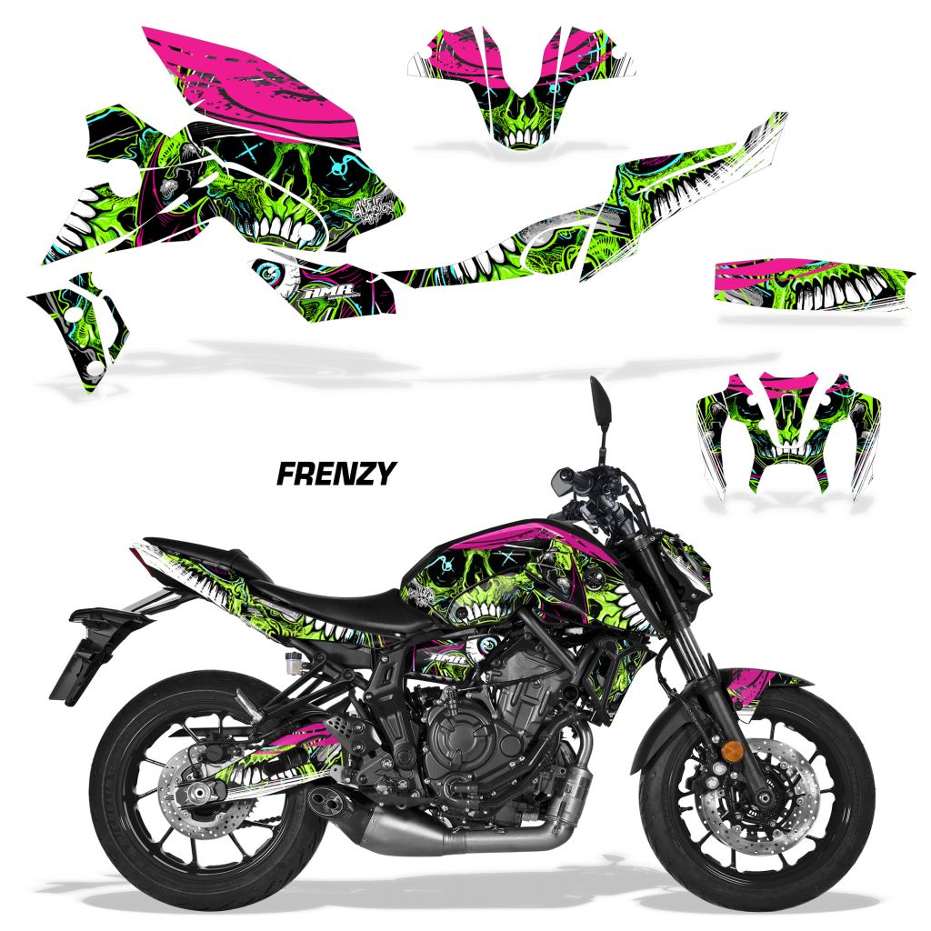 Motorcycle fairing graphics kit, neon green and magenta FRENZY design for MT-07