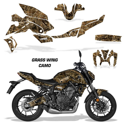Motorcycle fairing graphics kit, grass wing camo design for MT-07