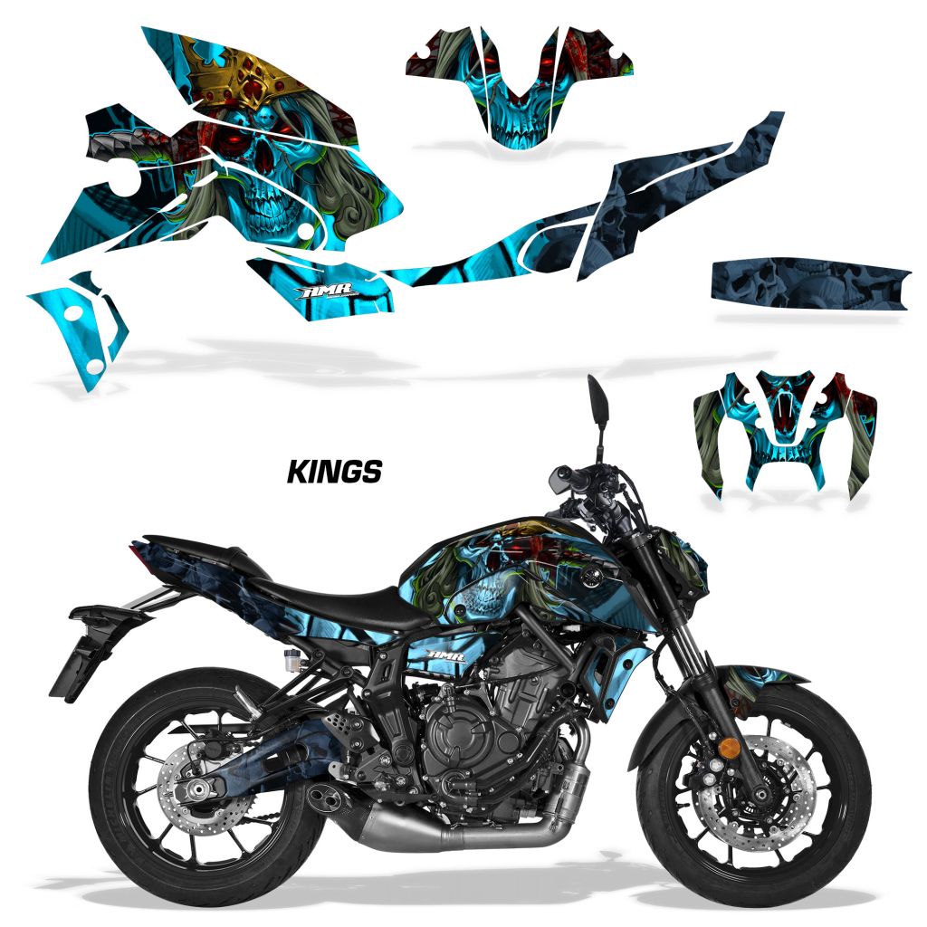 Motorcycle fairing graphics kit, blue and teal KINGS design for MT-07